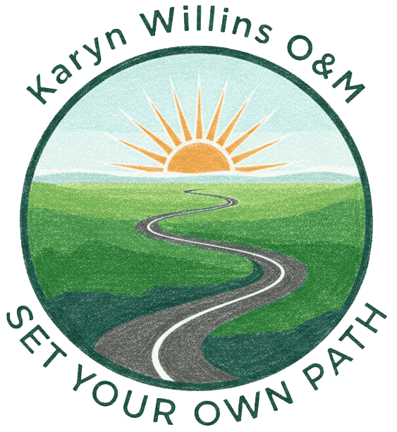 Karyn Willins O&M logo showing a winding path toward the sun, symbolising independence, confidence, and Orientation and Mobility services in Canberra.