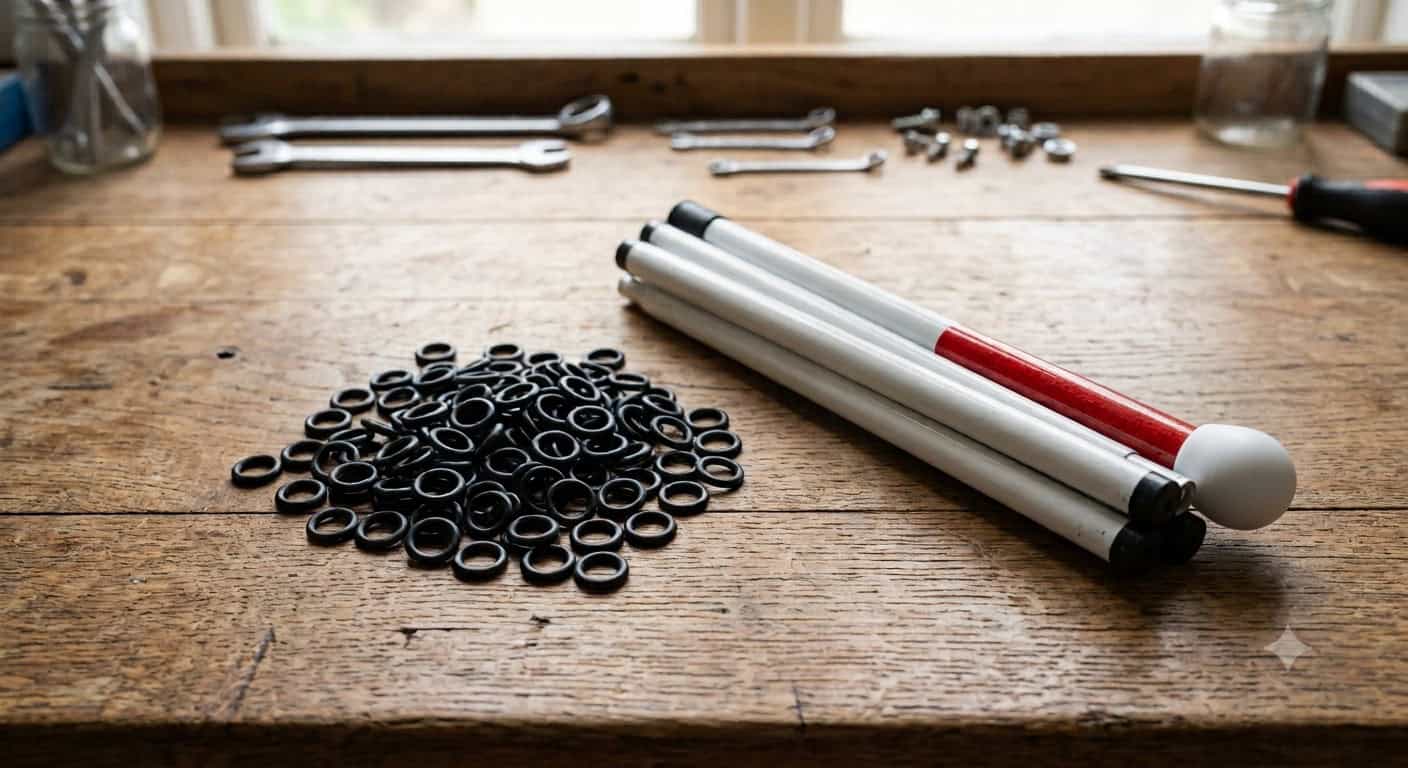 Folded mobility cane on a workbench beside replacement O‑rings.