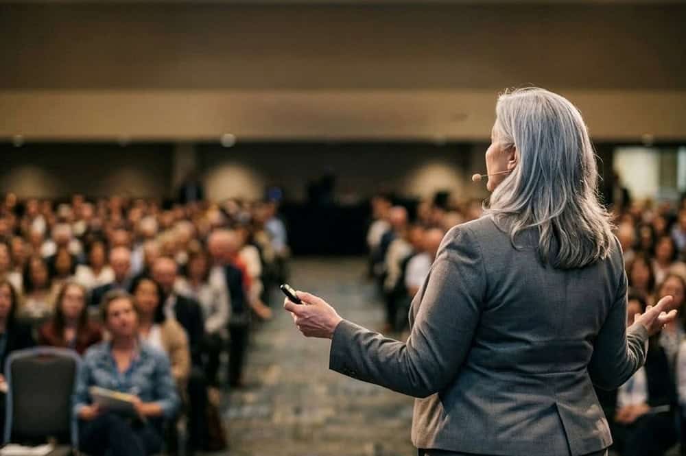 Karyn Willins speaking to a large audience during a professional development workshop.