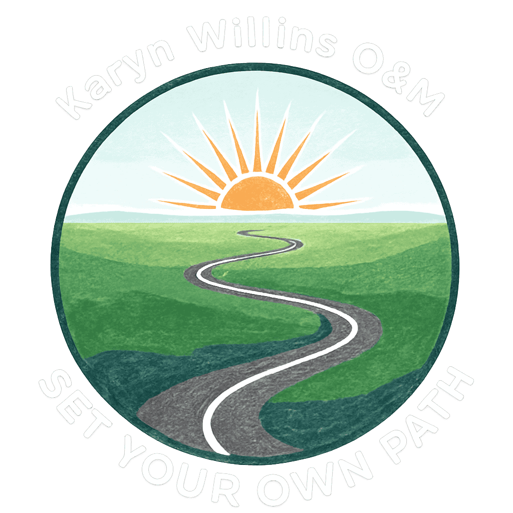 Karyn Willins O&M logo showing a winding path toward the sun, symbolising independence, confidence, and Orientation and Mobility services in Canberra.”